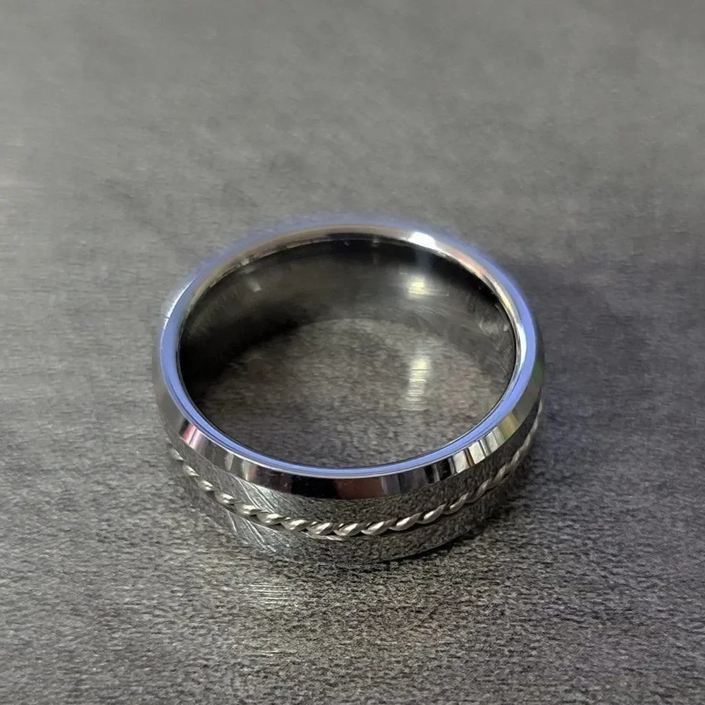 Men's Silver Tungsten Wedding Ring Twisted Wire Cable Inlay  Wedding Band